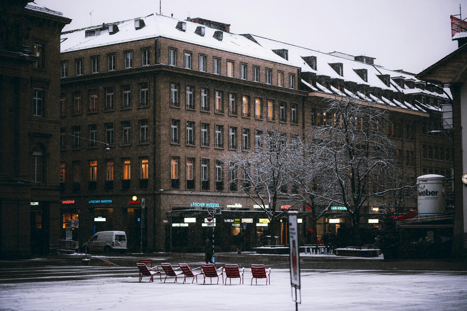 Snowy European city street at night — Copenhagen events in January and February include Winter Jazz, Fashion Week and Winter Pride across the city