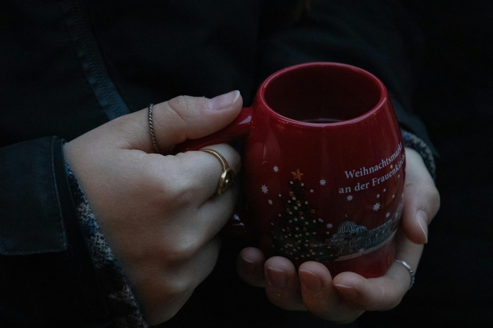 A steaming mug of gløgg, Danish mulled wine, at a Copenhagen Christmas market