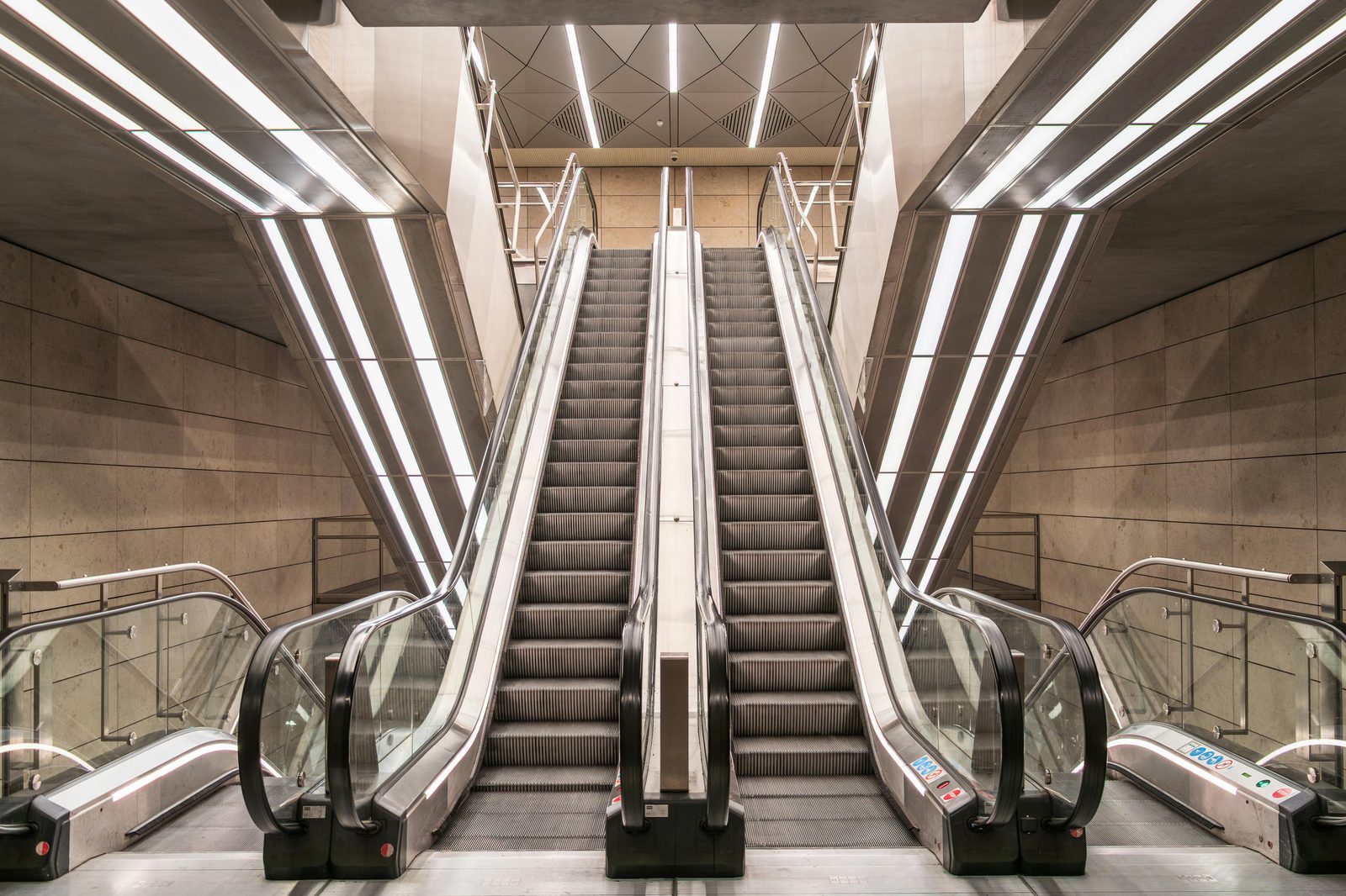 Metro station escalators — Copenhagen Metro stations have elevators and escalators meeting full accessibility standards