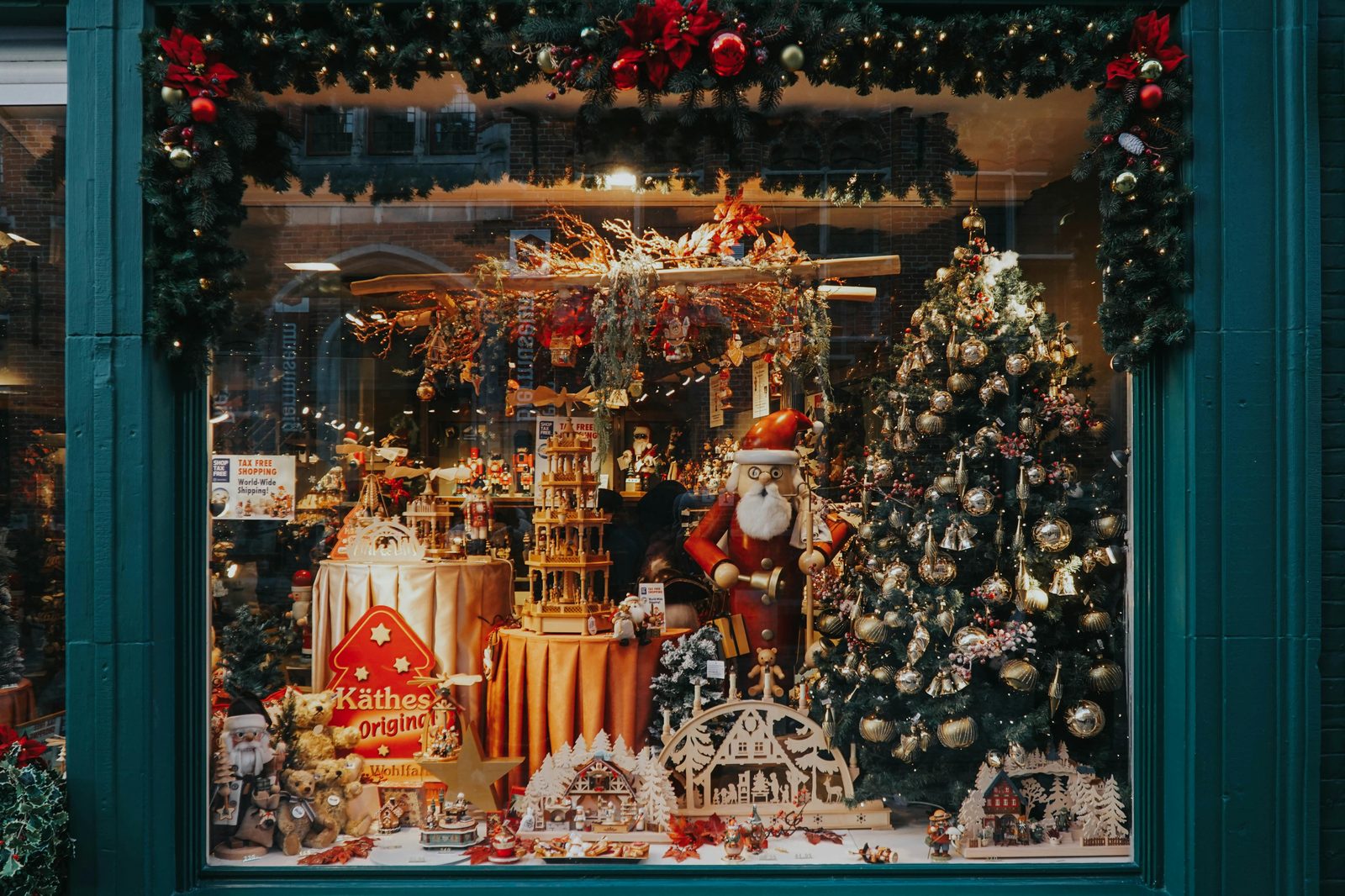 Decorated christmas window display — Copenhagen shop windows in December feature elaborate Christmas displays especially on Stroget