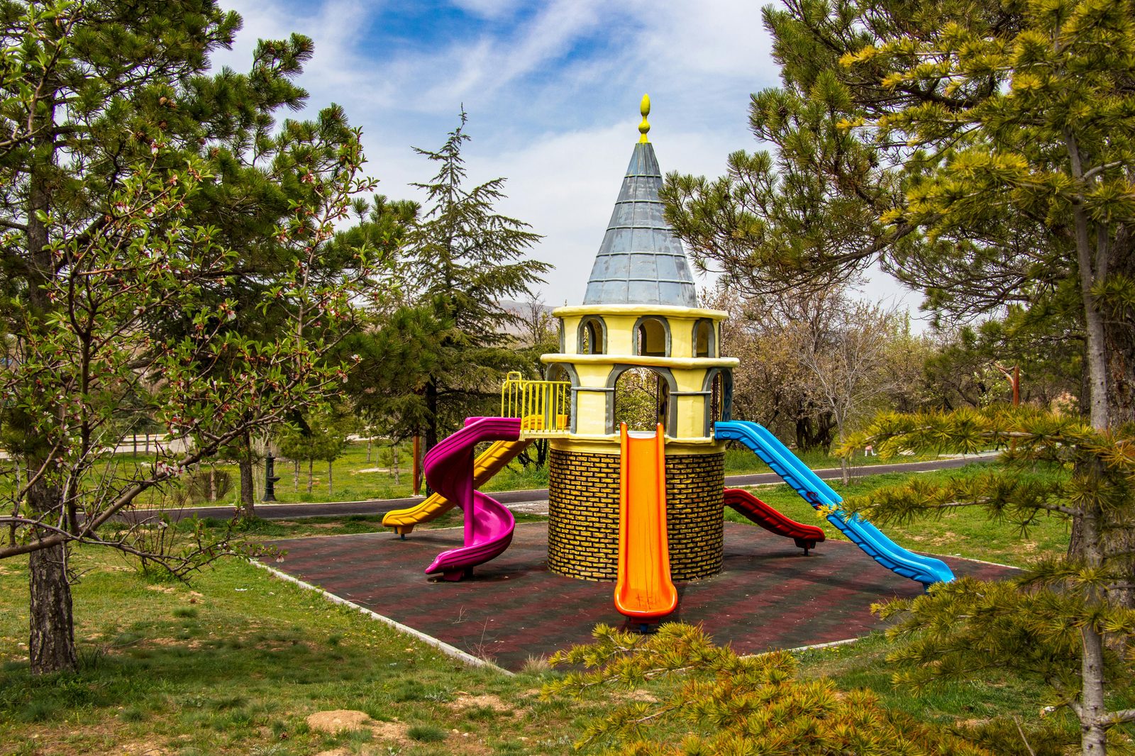 Colourful slides at the Brumleby playground in Osterbro, Copenhagen