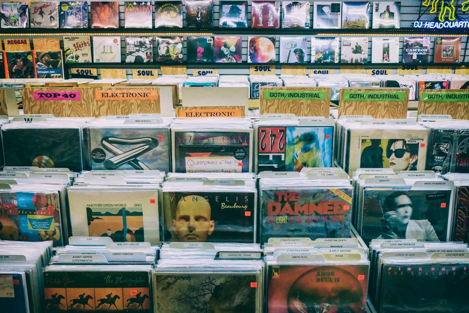 Crates of vinyl in a second-hand record shop