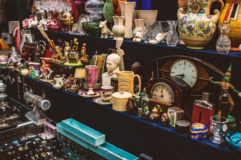 Vintage porcelain and glassware for sale at a Copenhagen flea market
