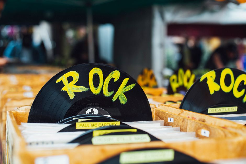 Crates of vinyl records at a Copenhagen loppemarked flea market