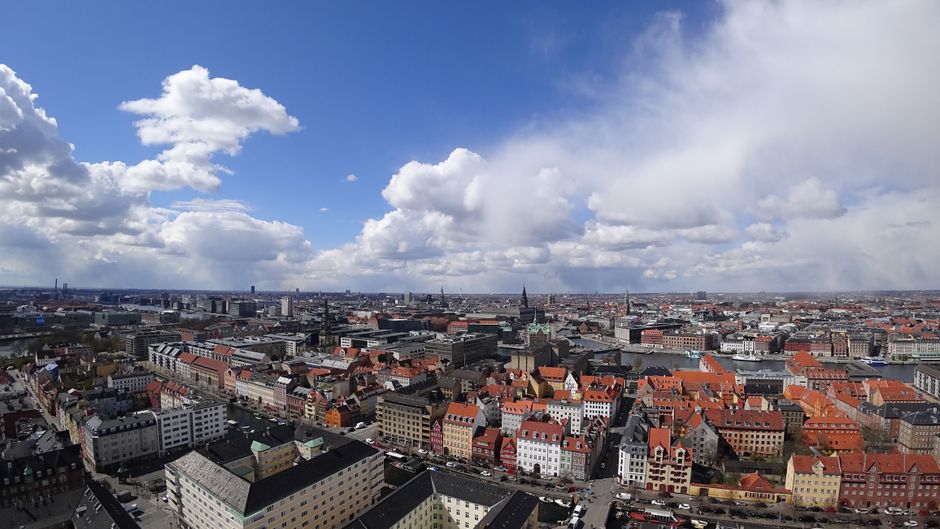 Strøget shopping street lined with stores in central Copenhagen