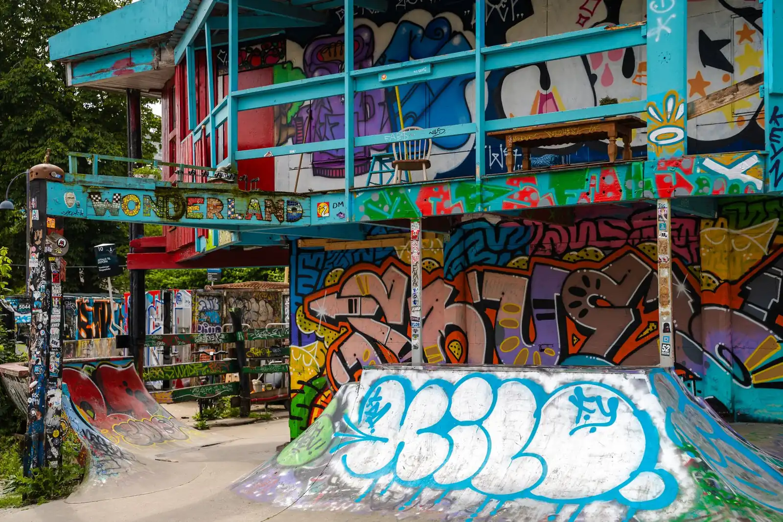 The graffiti-covered ALIS Wonderland skate park in Christiania, Copenhagen