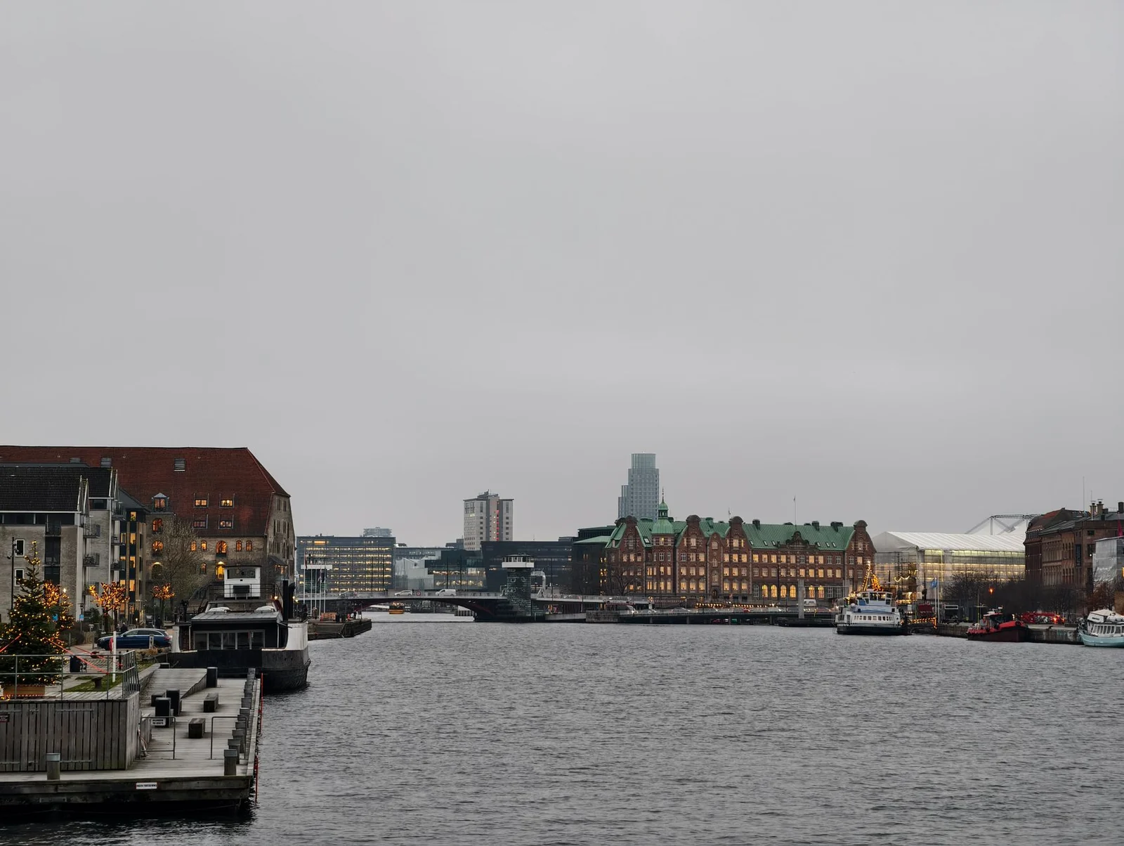 Copenhagen harbour under flat grey cloud on a winter day