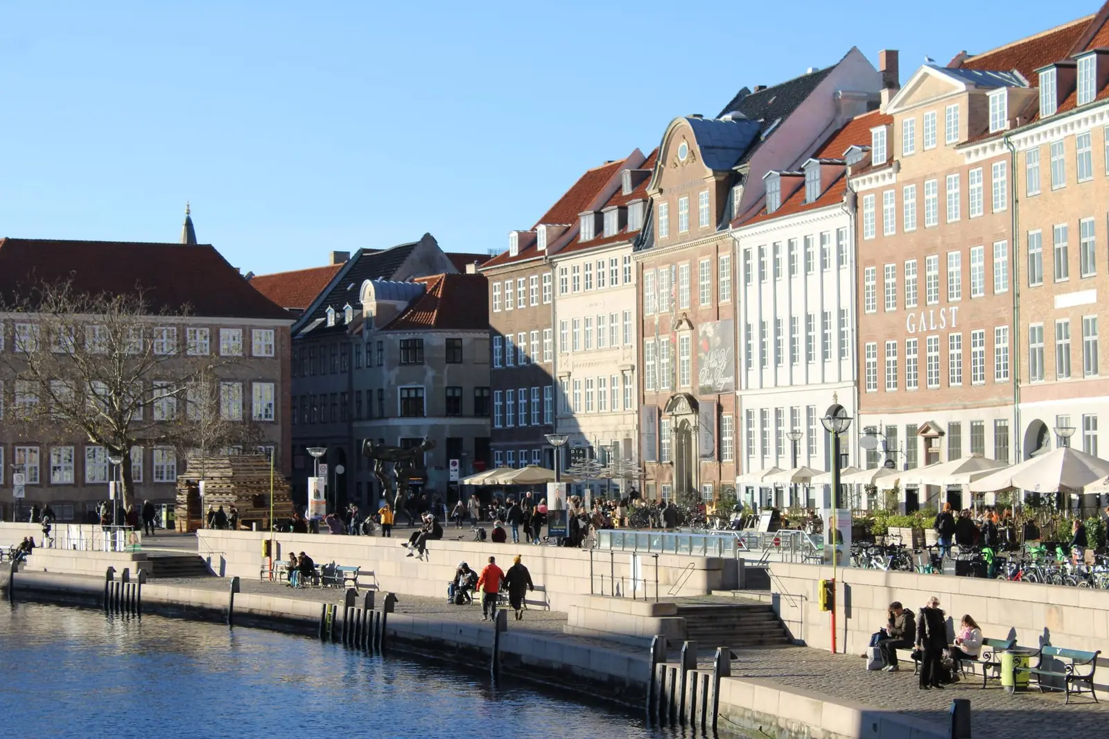 People out on the Copenhagen waterfront on a bright, cold winter day