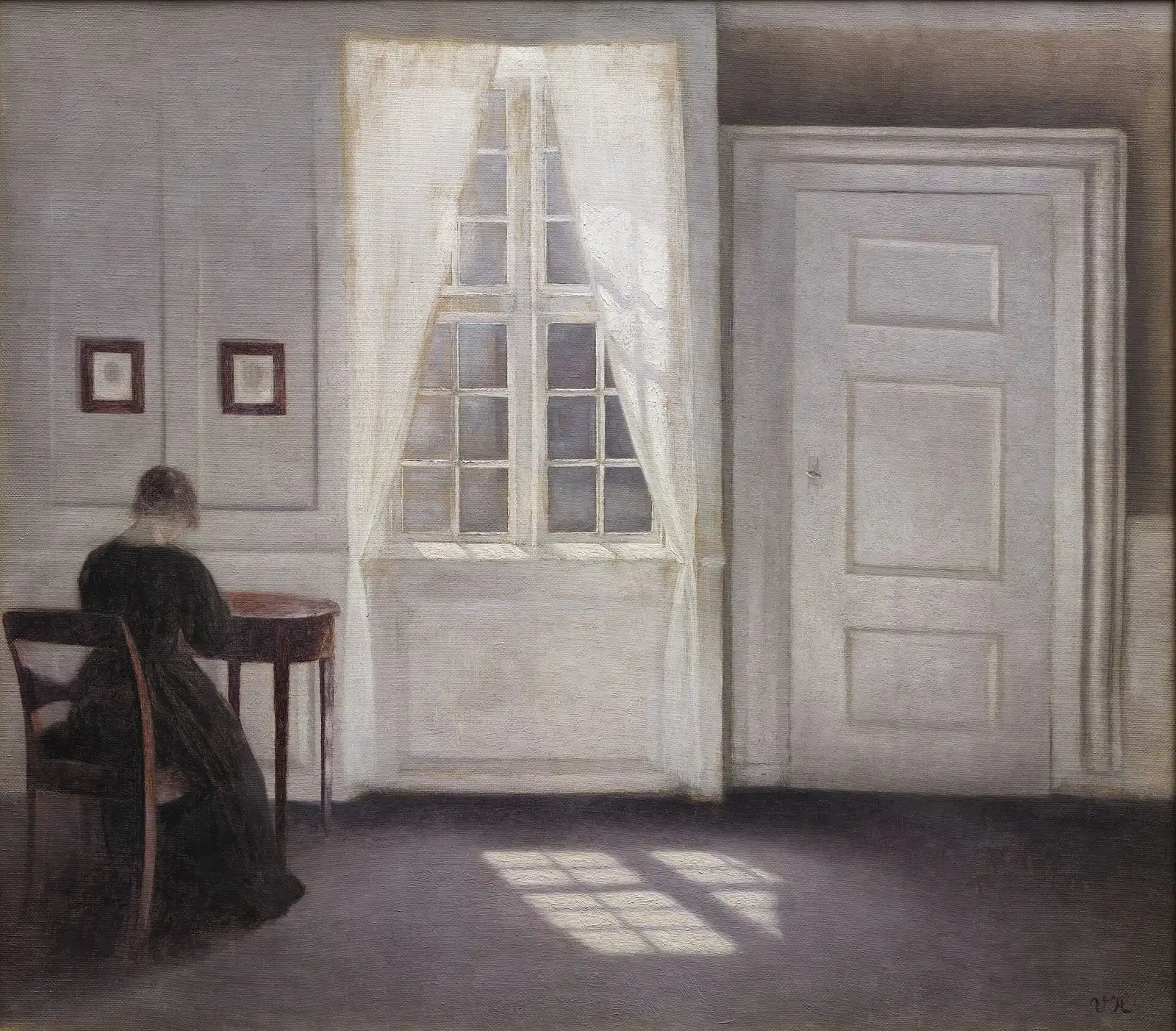 Vilhelm Hammershøi's Interior in Strandgade, Sunlight on the Floor: a woman seated by a window in a pale grey room