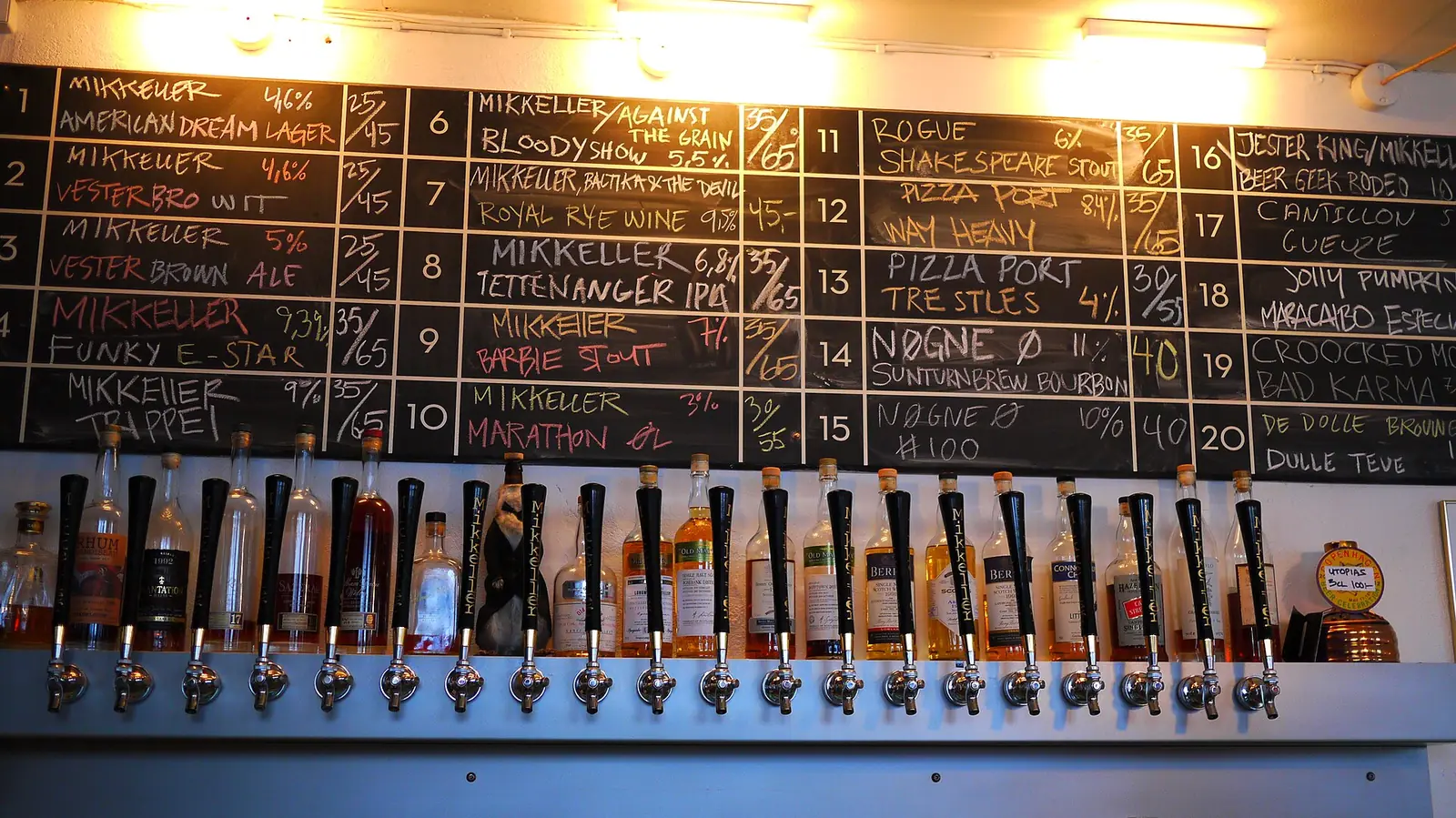 The chalkboard tap list and row of black Mikkeller tap handles at the original Mikkeller Bar in Vesterbro