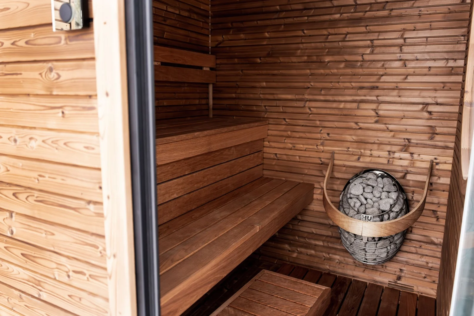 The wooden interior of a Nordic sauna of the kind used for winter bathing in Copenhagen