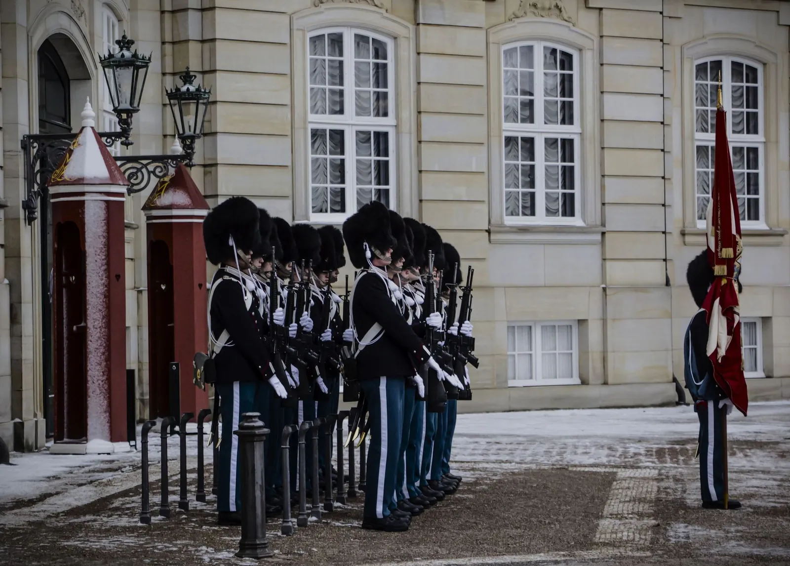 Danish Royal Life Guards standing in formation in uniform at Amalienborg