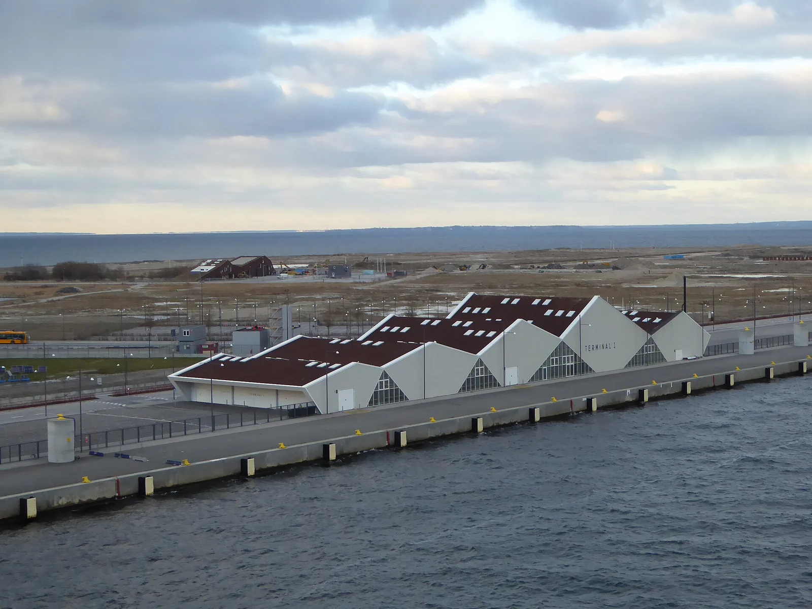 The low terminal buildings with zigzag roofs on the Oceankaj quay