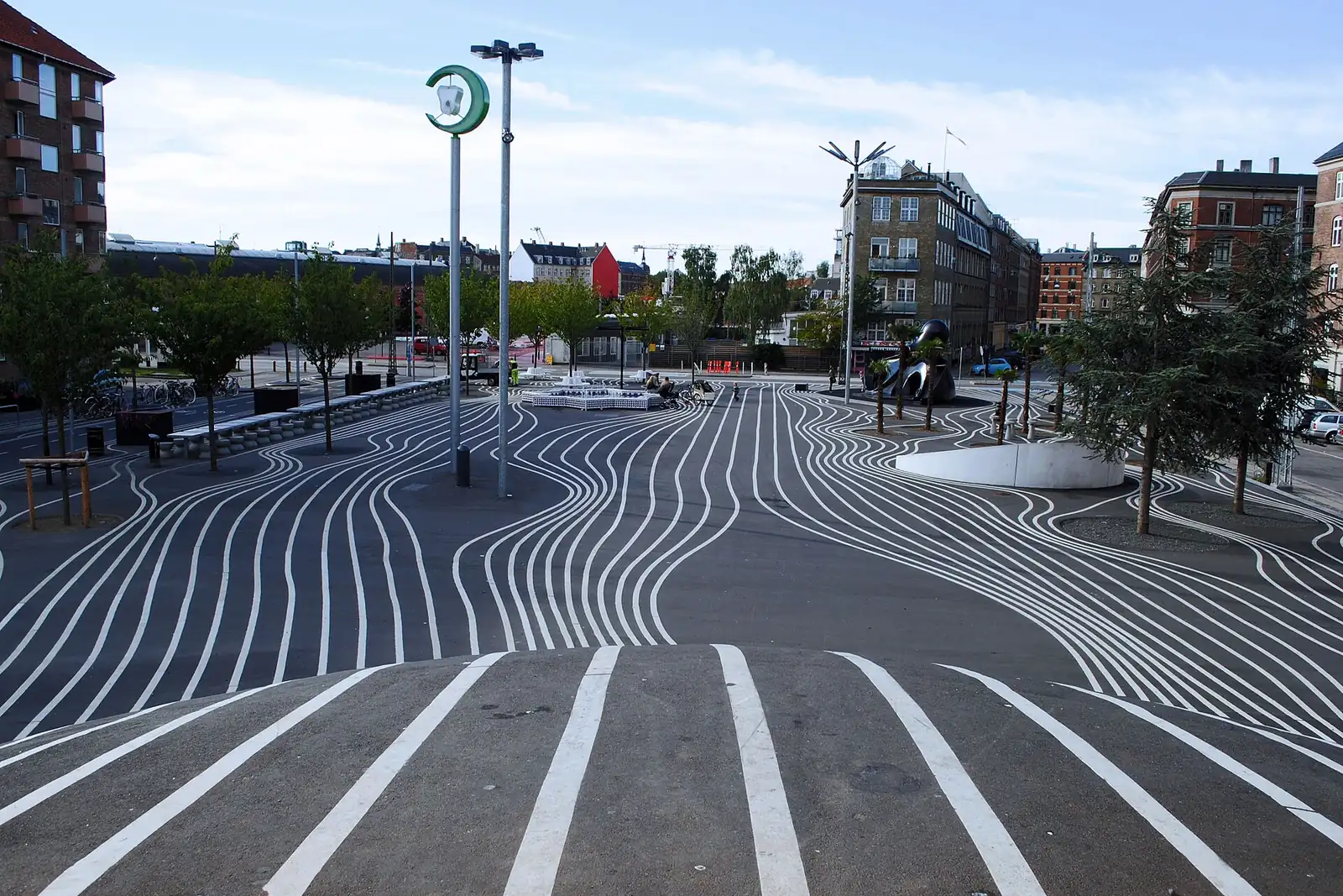 The black square of Superkilen with its curving white stripes in Nørrebro